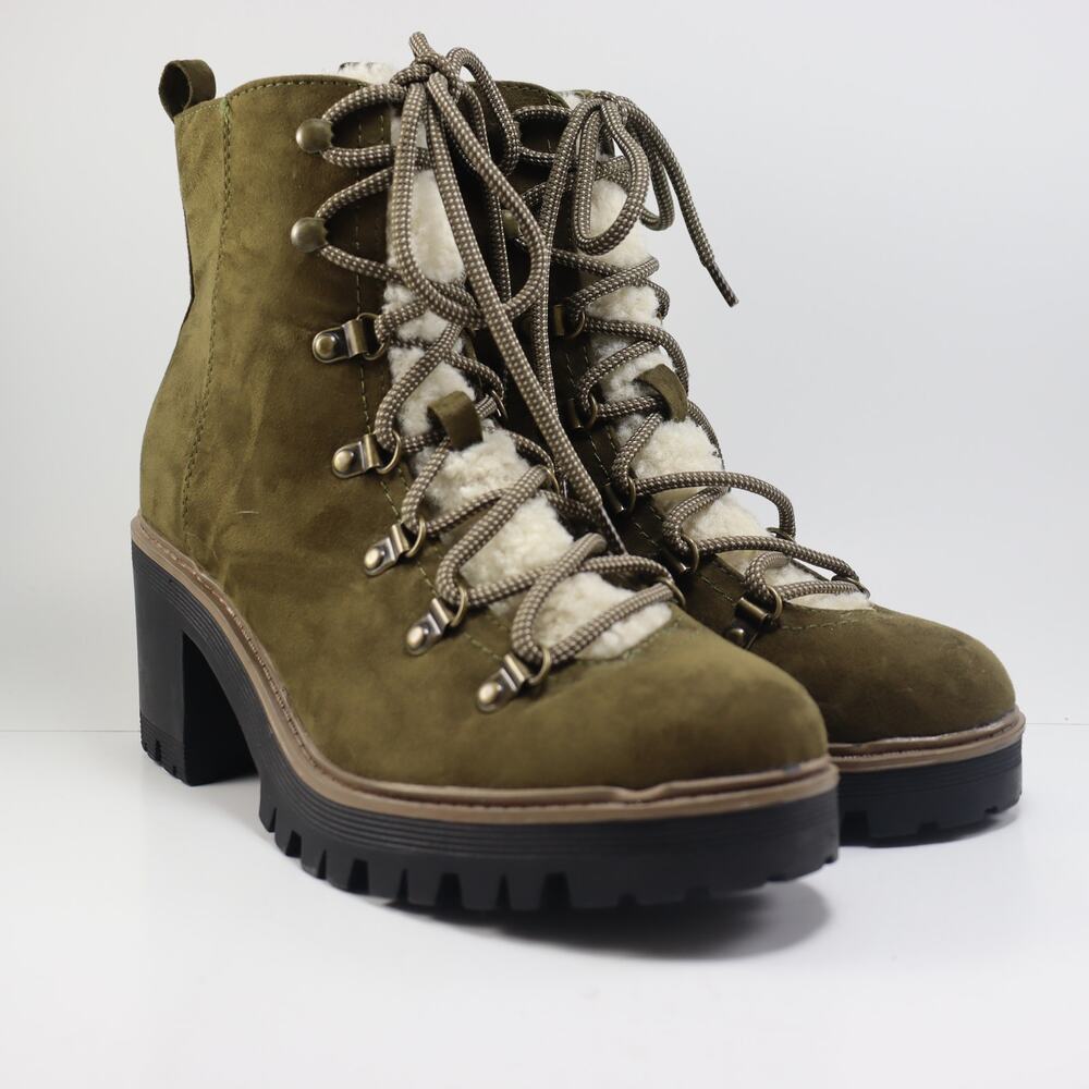 Esprit Olive Green & Faux Fur Flynne Chunky Heel Boots - Size 8.5